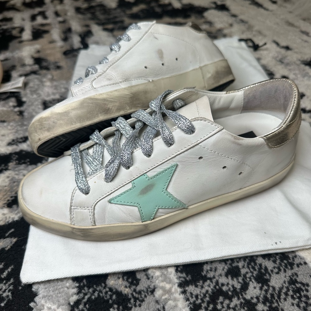 Golden Goose Super Star Sneakers with Mint Green Star and Silver/Gold Accents 7 - Picture 9 of 15